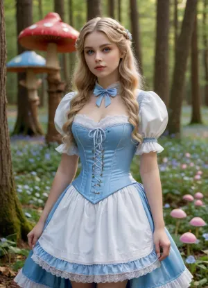 (masterpiece, best quality, photorealistic, ultra-detailed), 1girl, Alice Liddell, 18 y.o., classic Wonderland fantasy, long flowing blonde hair with soft curls, bright icy blue eyes, heart-shaped face, flawless pale skin, wearing ornate blue-and-white Victorian dress with puffed sleeves, lace apron, striped thigh-high stockings, shiny black shoes, standing in whimsical forest clearing filled with talking flowers and floating teacups, large mushroom trees in background, sunlight filtering through candy-colored leaves, innocent expression, subtle curves beneath tight corset waist, fantasy lighting, cinematic fairy tale atmosphere, <lora:add-detail-xl:1.2>