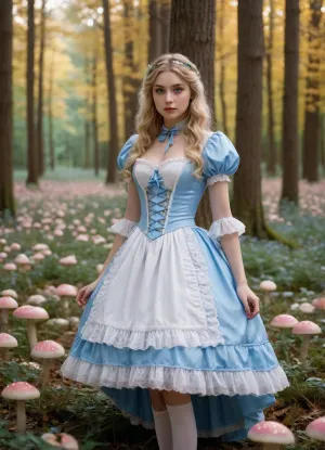 (masterpiece, best quality, photorealistic, ultra-detailed), 1girl, Alice Liddell, 18 y.o., classic Wonderland fantasy, long flowing blonde hair with soft curls, bright icy blue eyes, heart-shaped face, flawless pale skin, wearing ornate blue-and-white Victorian dress with puffed sleeves, lace apron, striped thigh-high stockings, shiny black shoes, standing in whimsical forest clearing filled with talking flowers and floating teacups, large mushroom trees in background, sunlight filtering through candy-colored leaves, innocent expression, subtle curves beneath tight corset waist, fantasy lighting, cinematic fairy tale atmosphere, <lora:add-detail-xl:1.2>