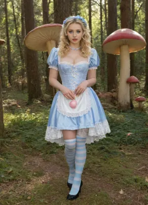 (masterpiece, best quality, photorealistic, ultra-detailed), 1girl, Alice Liddell, 18 y.o., classic Wonderland fantasy, long flowing blonde hair with soft curls, bright icy blue eyes, heart-shaped face, flawless pale skin, wearing ornate blue-and-white Victorian dress with puffed sleeves, lace apron, striped thigh-high stockings, shiny black shoes, standing in whimsical forest clearing filled with talking flowers and floating teacups, large mushroom trees in background, sunlight filtering through candy-colored leaves, innocent expression, subtle curves beneath tight corset waist, fantasy lighting, cinematic fairy tale atmosphere, <lora:add-detail-xl:1.2>