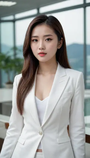 Chinese beauty with pretty face, 1 girl, unique, masterpiece, best quality, high resolution, 8, 000, real photo, photography level, (career woman), (capable), 20-year-old girl, long hair, keep lips beautiful and charming, serious and arrogant, (white suit, white), photo pose, realistic style