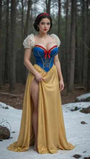 disney princess snow white, from snow white and the seven dwarfs, tight, german supermodel modeling in the victoria secret show, snow whites light brown eyes, huge tender doe eyes, ultra large eyeballs, ultra long thick eyelashes, ultra high details, looking at the viewer, snow whites long black hair, blue and red snow white dress, yellow skirt, huge cleavage, super long straight black hair with black bangs and highlights, huge red head bun, snow white jewelry, snow white accessories, hinata, snow white perfect body, extra perfect full body tanned skin, super wet shiny skin dynamic pose, huge oiled skin, excessively oiled whole body, super waist, perfect rounded butt, perfect rounded huge breasts, perfect tits, impeccable aesthetics, boobs popping out, boobs sticking out, award winning photo, octane hdr rendering, best lighting, bow, forest
