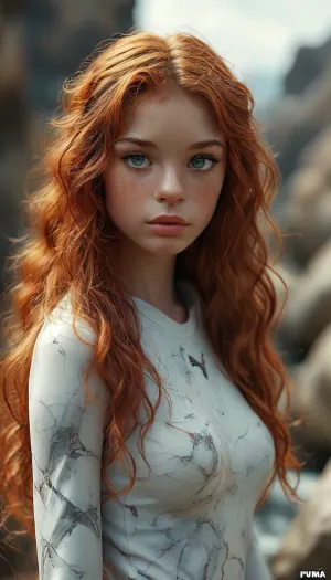 realistic, perfect body, perfect eyes, detailed eyes, detailed hairstyle, best quality, masterpiece, ultra high detail, extremely detailed, dynamic perspective, bright colors, atmospheric, (detailed smooth skin), full body view, cute girl, redhead, long hair, wavy hair, slim figure, firm tits, sexy ass., (((A puma with claws as hard and sharp as marble, able to sculpt its surroundings))), detailxl, <lora:654321_training_data:.8>, <lora:add-detail-xl:.8>, <lora:MJ52:.8>