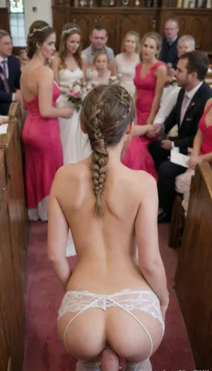 a horny beautiful petite 35 year old bride hiking up her white lace wedding dress with a hairy vagina and French braids and dark lipstick is having sex with a 35 year old man while her groom and bridesmaids are watching at the front of a church circled by her beautiful 30 year old clothed bridesmaids wearing hot pink dresses
dildo, dggy, girl, pov, penis, <lora:dggy:.6>