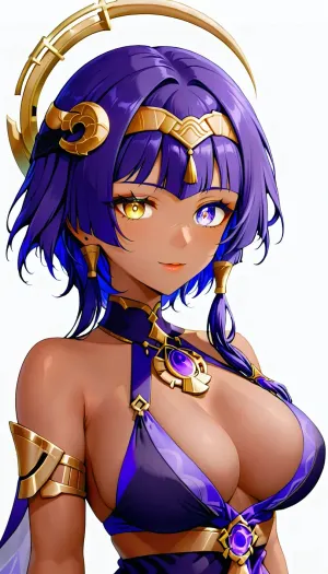 Candace from genshin impact, white background, big boobs, one eye yellow one eye blue