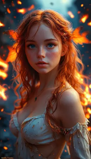 realistic, perfect body, perfect eyes, detailed eyes, detailed hairstyle, best quality, masterpiece, ultra high detail, extremely detailed, dynamic perspective, bright colors, atmospheric, (detailed smooth skin), full body view, cute girl, redhead, long hair, wavy hair, slim figure, firm tits, sexy ass., (((A moth with wings like burning embers, leading travelers astray with its glow))), novuschroma08, style, detailxl, <lora:novuschroma08 style:.8>, <lora:654321_training_data:.8>, <lora:add-detail-xl:.8>, <lora:MJ52:.8>, <lora:CinematicStyle_v1:.8>