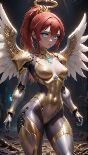 masterpiece, best quality, highly detailed, 4k, 1girl, long hair, red hair, ponytail, (golden armor corset), (gigantic golden angel wings), (silver cyborg armor tights), (Cyborg body), (blue glowing eyes), (golden Cyborg small breasts:1.1), (golden armor bra), Shiny skin, Cyborg armor highleg panties, Cyborg armor thighhighs, Cyborg Claws, Cyborg bridal gauntlets, <lora:cyborg_style_xl-alpha:1>, <lora:ThePitXL:1>
