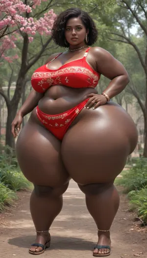 a fat heavy woman with a gigantic ass, (Hyper thighs:1.2), massive ass, hyper ass, (wide hips), thick thighs, chubby calves, chubby, brown hair, in a temple made of trees, cherry tree, (black skin color, african skin color, ebony skin, black skin, dark skin, black race, african race, kenya race), (plus sized clothing, clothing size xxxl, size extra extra extra extra large, fat fashion)