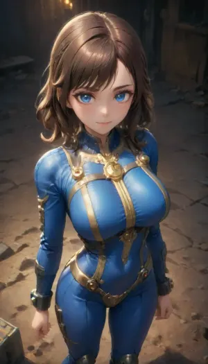 Beautiful girl from the videogame Fallout with brown hair, flirtatious gentle smile, perfect face, perfect eye, perfect body, good proportions, blue eyes, perfect face with clean skin, (big breasts), slender, slim body, view from distance, view from above, whole body in view, ((suit hinge lowered to half)), wearing, a, Vault, Suit, with, Leather, Armor, and, PipBoy, on, her, wrist, his, FalloutCinematic, <lora:312968_training_data:1>, <lora:FalloutCinematic:1.4>