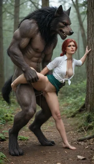 In a foggy forest, side view, full body view of female, (Triss Marigold from Witcher 3), wearing unbuttoned white shirt, green crotchless Pants, a werewolf is fucking her in doggy style position, on tiptoe, one knee raised, slim body, blushing, big flashing breasts, very sweaty, huge creampie, detailed bottom, massive werewolf cock in pussy, the werewolf holds Triss's arms twisted behind her back, the werewolf holds Triss's by her hair, fight and fuck, deep penetration, ((a werewolf cock sticks out between her legs))