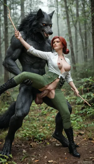 In a foggy forest, side view, full body view of female, (Triss Marigold from Witcher 3), (wearing unbuttoned white shirt, (green crotchless Pants), pussy visible, high leather boots), a werewolf try fucking her from behind, slim body, big flashing breasts, detailed bottom, fight, ((a werewolf cock sticks out between her legs)), (erect massive cock visible), looking at wiver, (((dick jerking pussy))), (the werewolf holding Tris by the thighs lifts her up, legs spread wide), ((no penetration))
