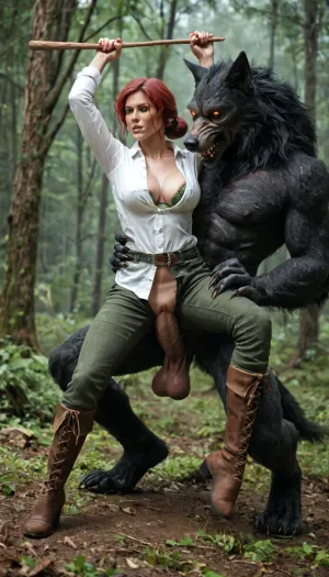 In a foggy forest, side view, full body view of female, (Triss Marigold from Witcher 3), (wearing unbuttoned white shirt, (green crotchless Pants), pussy visible, high leather boots), a werewolf try fucking her from behind, slim body, big flashing breasts, detailed bottom, fight, ((a werewolf cock sticks out between her legs)), (erect massive cock visible), looking at wiver, (((dick jerking pussy))), (the werewolf holding Tris by the thighs lifts her up, legs spread wide), ((no penetration))