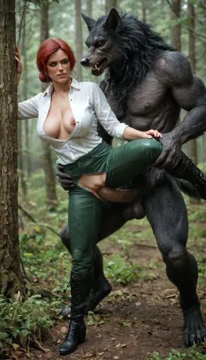 In a foggy forest, side view, full body view of female, (Triss Marigold from Witcher 3), (wearing unbuttoned white shirt, (green crotchless Pants), pussy visible, high leather boots), a werewolf try fucking her from behind, slim body, big flashing breasts, detailed bottom, fight, ((a werewolf cock sticks out between her legs)), (erect massive cock visible), looking at wiver, (((pussy jerking cock))), (the werewolf holding Tris by the thighs lifts her up, legs spread wide), ((no penetration))