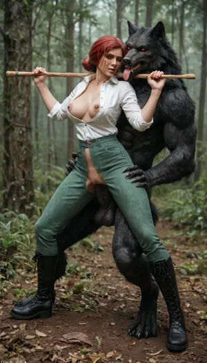 In a foggy forest, side view, full body view of female, (Triss Marigold from Witcher 3), (wearing unbuttoned white shirt, (green crotchless Pants), pussy visible, high leather boots), a werewolf try fucking her from behind, slim body, big flashing breasts, detailed bottom, fight, ((a werewolf cock sticks out between her legs)), (erect massive cock visible), looking at wiver, (((pussy jerking cock))), (the werewolf holding Tris by the thighs lifts her up, legs spread wide), ((no penetration))