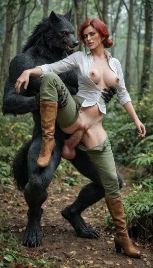 In a foggy forest, side view, full body view of female, (Triss Marigold from Witcher 3), (wearing unbuttoned white shirt, (green crotchless Pants), pussy visible, high leather boots), a werewolf try fucking her from behind, slim body, big flashing breasts, detailed bottom, fight, ((a werewolf cock sticks out between her legs)), (erect massive cock visible), looking at wiver, (((pussy jerking cock))), (the werewolf holding Tris by the thighs lifts her up, legs spread wide), ((no penetration))