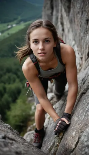 Young girl, 25 years old, toned, athletic build, mountaineering, wearing mountaineering gear, hiking boots, tight mountaineering pants, no panties, shaved pussy, climbing up a rock, professional photo, excellent focus, great angle of view, photo from below