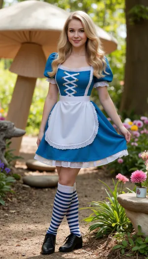 Alice in wonderland, 18 y.o., classic Wonderland fantasy, long flowing blonde hair with soft curls, bright icy blue eyes, heart-shaped face, flawless pale skin, wearing ornate blue-and-white Victorian dress with puffed sleeves, lace apron, striped thigh-high stockings, shiny black shoes, standing in whimsical forest clearing filled with talking flowers and floating teacups, large mushroom trees in background, ((Cheshire Cat)), sunlight filtering through candy-colored leaves, innocent expression, subtle curves beneath tight corset waist, fantasy lighting, cinematic fairy tale atmosphere, (masterpiece, best quality, photorealistic, ultra-detailed), aliceinwonderland, large, breasts, small, See, through, clothes, <lora:Alice in Wonderland Flux Dev. LoRa:.8>, <lora:breasts slider flux v1:1>, <lora:ElsaJ_SoloLoRA_F1V1:.8>, <lora:See_through_clothes_FLUX:.8>
