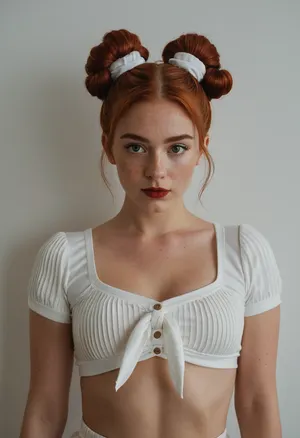 A beautiful young woman with fair skin and red hair styled in two space buns, each tied with a white scrunchie, horny face, poses against a plain white wall. She is wearing a fitted white cropped top with short sleeves and visible nipples and medium size breast, pleated mini skirt. Her makeup includes dramatic eyeliner and natural-toned lipstick, with freckles visible on her face. The lighting is direct and slightly bright. Standing aside to show her small and fitted ass