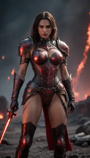 fullcolor image, 8K quality, dark night, blood moon, red flash, a beautiful sexy woman, red glowing eyes, large breasts, athletic body, a dark warrior in sexy hell armor, stands on the battlefield among the dead enemys, full body in frame, side viev