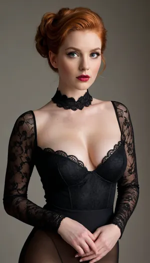 A curvy woman with fair skin and full lips, her ginger hair styled in an elegant updo. Her almond-shaped eyes and sharp cheekbones give her a fox-like appearance, exuding both grace and allure. She wears a black lace bodysuit and thigh-high glossy pantyhose, striking a powerful yet sensual pose against a minimalist background.
Style, Fox-Like Glamour / Curvy Elegance / Ginger Updo
Style, Classic Noir / Fox-Like Features / Curvy Silhouette BadX, NDXL