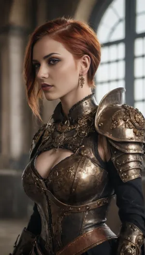 (RAW photo), 4K, best quality, realistic, photorealistic, masterpiece, extremely detailed, an extremely delicate and beautiful, dynamic, realistic anatomy, great lighting, perfect shading, professional shading, depth of field, steampunk, beautiful european woman, full body, (Luis Royo style), steampunk knight, ceremony armor, helmet, side soft light, elegant, gorgeous, highly detailed, detailed redhead hair with dark roots, (short undercut hair, short hair, asymmetrical hair, shaved on the side), earings, 35mm, f1.4, dark smokey eyes, perfect eyes, dark lipstick, erotic, erotic outfit, well-endowed, full shot photo, uncropped, sensual, perfect face, perfect anatomy, cute, beautiful, perfect beauty, amazing beauty, pure genious, absolutely perfect, perfect skin, gentle, breathtaking, clear skin, throne room