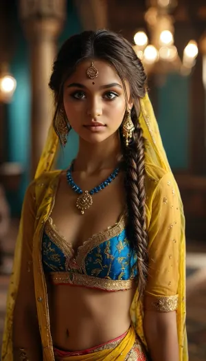 indian princess, 20 year old, (((front view, full body view))), dark brown hair, long hair, braids in hair, beeds in hair, flirty smile, (warm ambient light:.5), (shadows:1.4), RAW image, Canon EOS R3, DSLR photo, 8k, best quality, (realistic, photo-realistic:1), RAW photo, (intricate details), perfect eyes, (perfect face), perfect lighting, beautiful, (best quality:1.2), elegant girl, perfect hands, ((green and yellow Indian choli unbuttoned, downblouse)), (slender body, bright electric blue eyes), (rich modern large ornate dance hall interior:1.1), small breasts, Indian, girl, <lora:MJ52:.9>, <lora:Indian girl:.1>