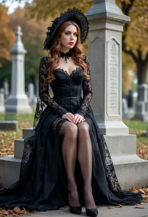 full portrait of a young beautiful widow sitting in a cemetery park monument near the cemetery monument, show shaved pussy slutty smile she is wearing a long sleeved intricate lace black widow gown, widow hat, black transparent veil, stockings, front view, upskirt shot, looking away, middle distance, ptheels, high, heels, <lora:ptheels_sdxl_V2-000010:.8>, <lora:DetailedEyes_V3:.8>, <lora:MJ52:.2>