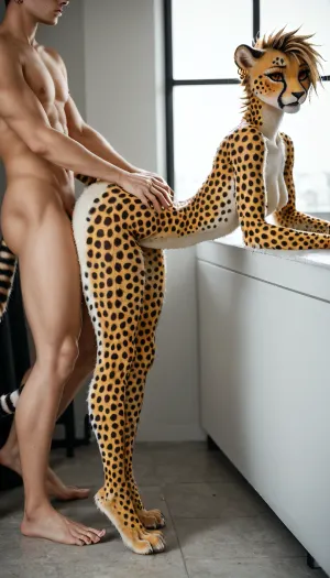 (yiff anthro furry cheetah:2), (anthro cheetah girl:1), sexy thin body, tall, (long legs:1.4), very long tail, built for speed, marathon runner build, (massive fury tits), side view, full body shot, (cat paws), on her toes, thick toned thighs, (huge bubble butt:1), (very wide hips:1.3), (tiny waist, tiny torso), nude anthro cheetah body, (anthro cheetah being fucked doggy style by realistic human man:1.5), (grabbing her waist, holding her by the neck)