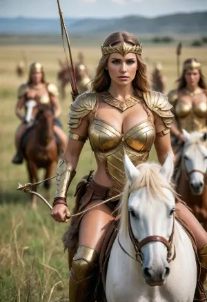 many warrior amazons with in their golden armor and armed with bows and arrows riding on a horse through the steppe full of tall grass, large, breasts, big, boobs, huge, tits, <lora:bombshell_v2:.8>