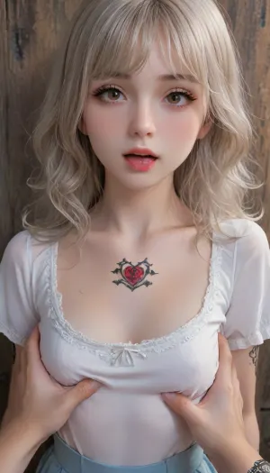 1girl, leaning on wall, sexy face, white curlu hair, sexy, cute face, lip bite, bangs, medium snow white curly hair, long hair, brown eyes, shy, submissive, scared, a few freckles, nose blush, small round firm boobs, cleavage, chest up, strappless white top, breast grab, male viewer has one hand squeezing breast hard, pov male viewer has one hand down girls's pants, boob focus, pov, close up, eyeliner, thick, graphic, eyelashes, sggirl, emo, tattoo, pale, cold, lighting, blue, hair, red, purple, TattooVariations, flat, chested, tongue, out, ahegao, drool, <lora:406734_training_data:1.4>, <lora:SG_emo_girl_SDXL:.8>, <lora:TattooVariations:.8>, <lora:flat_chested_v3.5:.8>, <lora:ahegao_mr_chrisma:.8>