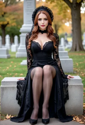 full portrait of a young beautiful widow sitting in a cemetery park monument near the cemetery monument, legs slightly apart, (show smooth pussy:1), slutty smile, she is wearing a long sleeved intricate lace black widow gown, widow hat, black transparent veil, stockings, front view, upskirt shot, (smooth pussy:1), looking away, middle distance, ptheels, high, heels, skirtlift, <lora:ptheels_sdxl_V2-000010:.8>, <lora:DetailedEyes_V3:.8>, <lora:skirtlift_xl:.3>