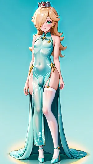 princess rosalina as a femboy, genderbendered, blonde hair, 145cm tall, cute, eye covering bang, flatchested, full body, light turquoise cheongsam, long cheongsam, chinese dress, long skirt, light turquoise highheels, white stockings, standing, showing legs, bulge in skirt, little bulge