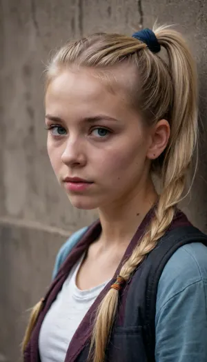 dirty homeless woman beautiful blonde 18 years old with ponytails woman, lewddungeon, background walls, breastclamp, <lora:breastclamp_SDXL_reg0_03s:.5>