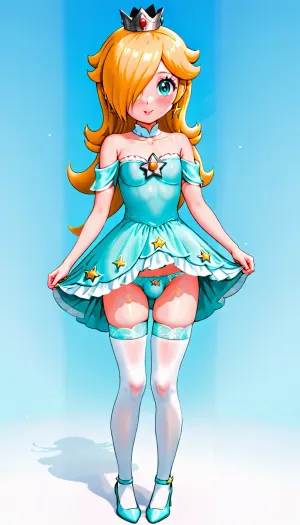 princess rosalina as a femboy, genderbendered, blonde hair, 145cm tall, cute, eye covering bang, flatchested, full body, light turquoise cheongsam, light turquoise highheels, light turquoise garterbelt, white stockings, bulge in panties, standing, court