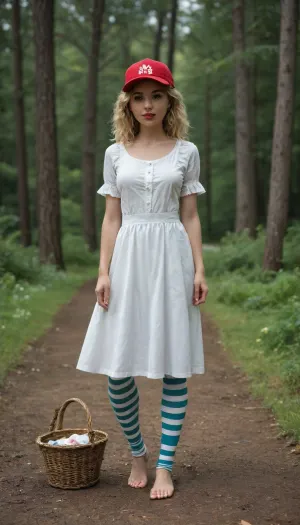 there is a slender young girl on the forest road. barefoot. In a blue ankle-length skirt, and a light grey blouse. long golden hair behind her back. She wears a red cap on her head. a fresh face, big blue eyes wide open, a small mouth with red lips gaping. her hand unbuttons her blouse.
striped stockings and a white apron are lying on the grass nearby, and there are brown shoes and a straw basket covered with a white cloth.
A hunter stands behind her with a gun and greedily looks at her.