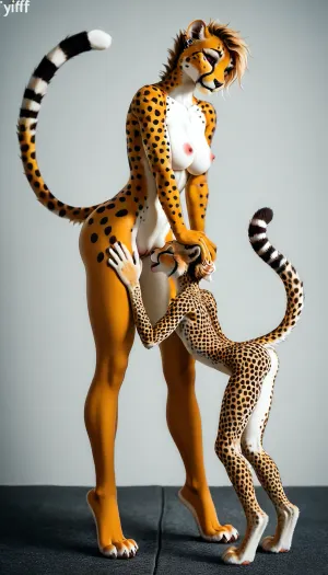 (yiff anthro furry cheetah:2), (anthro cheetah girls:1), sexy thin body, tall, (1 older and 1 younger:2.1), (long legs:1.4), built for speed, marathon runner build, side view, full body shot, (cat paws), on her toes, thick toned thighs, (huge bubble butt:1), (big soft boobs), (very wide hips:1.3), (tiny waist, tiny torso), nude anthro cheetah body, (2 lesbian cheetah girls), (extremely horny girls), licking her pussy, (standing cunnilingus)