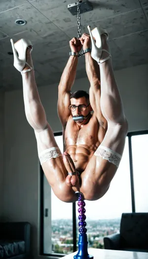 muscular gay men, (buzz-cut haircut:1.3), wearing white satin large bra, tied, upside down, legs hanging from ceiling, hands tied behind his back, rear view, from back view, restrained, bdsm, spread, legs, stationary, restraints, ass object insertion, outstretched arms, completely dark, gay man, cuckold gay men, gay men with suspended by legs upside down with exposed Testicle on view, exposed Testicle stretched and pushed out with metal rings, suspended upside down by legs, to ceiling, with both hands suspended to ceiling, gay men with a huge big thick long monster erected penis, with penis shaved, full body in view, penis visible in view, sissy gay men wearing white high heels fetish platform stiletto shoes, pain and angry on his face, muscular flat hairy chest, 45 year old, muscular gay men wearing white satin push bra, ultra-detailed, masterpiece, gay men with a erected penis, muscular sissy boy wearing white sheer stockings, with large testicle up in the air, wearing white satin push bra, cock in metal chastity, hairy ass, muscular ass, hairy arms, gay men, hairy chest guy, gay men wearing white satin push bra, round glasses, he is wearing red stiletto high heels fetish platform shoes, shiny brown double band stockings, white satin gloves, tears, crying, tied hands behind back, handcuffs, orgasm, (Flat chest:1.5), suspended by Testicle Chastity Strap Cage Sex Furniture, suspended by legs upside down with exposed Testicle on view, testicle suspended to ceiling, his cock in chastity metal device, legs up to ceiling, suspended in chains, photo realistic, exposed Testicle on view, suspended to ceiling, wide opened mouth, tongue out, ahegao, thin arms, thin legs, chains, chained belt, bound, ropes, slave, mouth gag, bulged, (small butt:1.5), fucking machine, exposed Testicle stretched and pushed out up for view, daylight, wide hips, detailed background, sex-machine, legs tied above head, with chains, cum, in, ass, anal, dildo device also in mouth, ass stretched wide to fit massive dildo device, ((thick saliva threads on mouth and dildo)), 4k, intricately detailed face, realistic face, ball, gag, wet body, wet skin, correct two legs, correct body, 5 muscular men in the room with gigantic cock penises erected are watching the gay men agony