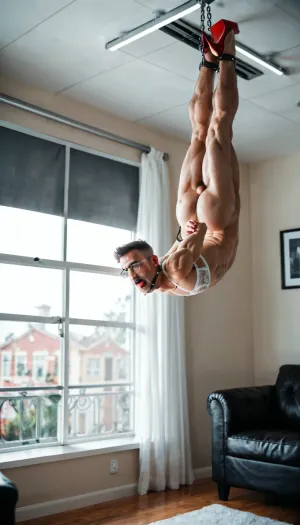 muscular gay men, (buzz-cut haircut:1.3), wearing white satin large bra, tied, upside down, legs hanging from ceiling, hands tied behind his back, rear view, from back view, restrained, bdsm, spread, legs, stationary, restraints, ass object insertion, outstretched arms, completely dark, gay man, cuckold gay men, gay men with suspended by legs upside down with exposed Testicle on view, exposed Testicle stretched and pushed out with metal rings, suspended upside down by legs, to ceiling, with both hands suspended to ceiling, gay men with a huge big thick long monster erected penis, with penis shaved, full body in view, penis visible in view, sissy gay men wearing white high heels fetish platform stiletto shoes, pain and angry on his face, muscular flat hairy chest, 45 year old, muscular gay men wearing white satin push bra, ultra-detailed, masterpiece, gay men with a erected penis, muscular sissy boy wearing white sheer stockings, with large testicle up in the air, wearing white satin push bra, cock in metal chastity, hairy ass, muscular ass, hairy arms, gay men, hairy chest guy, gay men wearing white satin push bra, round glasses, he is wearing red stiletto high heels fetish platform shoes, shiny brown double band stockings, white satin gloves, tears, crying, tied hands behind back, handcuffs, orgasm, (Flat chest:1.5), suspended by Testicle Chastity Strap Cage Sex Furniture, suspended by legs upside down with exposed Testicle on view, testicle suspended to ceiling, his cock in chastity metal device, legs up to ceiling, suspended in chains, photo realistic, exposed Testicle on view, suspended to ceiling, wide opened mouth, tongue out, ahegao, thin arms, thin legs, chains, chained belt, bound, ropes, slave, mouth gag, bulged, (small butt:1.5), fucking machine, exposed Testicle stretched and pushed out up for view, daylight, wide hips, detailed background, sex-machine, legs tied above head, with chains, cum, in, ass, anal, dildo device also in mouth, ass stretched wide to fit massive dildo device, ((thick saliva threads on mouth and dildo)), 4k, intricately detailed face, realistic face, ball, gag, wet body, wet skin, correct two legs, correct body, 5 muscular men in the room with gigantic cock penises erected are watching the gay men agony