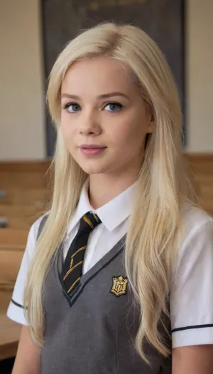 Amidst concrete: a blonde woman in school uniform stands tall in the urban jungle