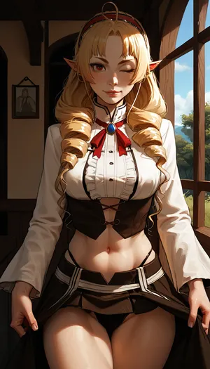 masterpiece, best quality, high resolution, hires, score_9, score_8_up, score_7_up, score_6_up, (Elinalise from Mushoku Tensei:1.4), incase, style, ratatatat74, solo, close up, long blonde hair, elf ears, drill hair, drill locks, drill curls, large breasts, (voluptuous body), midriff, navel, short skirt, black thong, (wide hips, thick thighs), looking at viewer, red pupils, one eye closed, smirk, seductive pose, ((lifting short skirt)), day, detailed, fantasy, cottage, <lora:287175_training_data:1.5>, <lora:ratatatat74-000050:1.3>