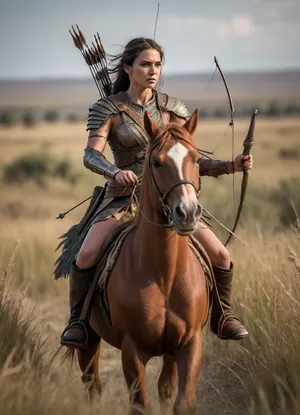 a warrior amazon armed with bow and arrow rides on a horse through the steppe full of tall grass