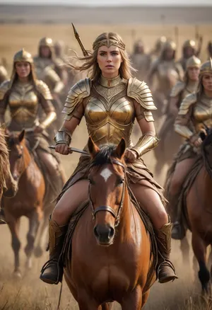 many warrior amazons with in their golden armor and armed with bows and arrows riding on a horse through the steppe full of tall grass