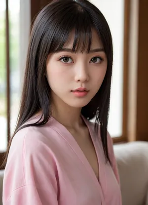 (masterpiece, best quality, photorealistic, ultra-detailed, highres, soft natural lighting), 1girl, 18 y.o., Japanese, close-up portrait, long straight black hair with straight bangs, dark brown almond-shaped eyes, fair porcelain skin, delicate symmetrical features, small nose, thin arched eyebrows, full lips with natural pink shade, curious expression, looking at viewer, soft blurred background, no tattoos, <lora:add-detail-xl:2>