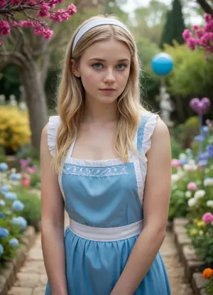 (masterpiece, best quality, photorealistic, ultra-detailed, highres, vibrant lighting), 1girl, 18 y.o., named Alice, long straight blonde hair, blue eyes, fair skin, delicate freckles, slender body, curious and brave, adventurer, enjoys exploration, neutral expression, standing with hands clasped, no tattoos, wearing a blue dress with white apron and black headband, in a whimsical Wonderland garden with talking flowers and neon candy trees, <lora:add-detail-xl:1>