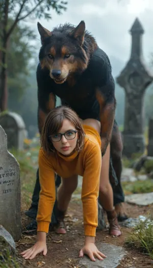 Velma Dinkley, in an abandoned cemetery, a dark rainy night, bent over a tombstone, ((clothes torn in multiple places)), fucked by a dark furred werewolf, doggy style, huge cock, creampie, detailed background, realistic, super real, hyper realistic, ultra realistic, ((perfect eyes)), full body, full view, ((Ultimate realistic photo details)), (((dynamic sexy pose))), (((bright sunlight))), detailxl, large, big, boobs, huge, tits, <lora:MJ52:.8>, <lora:attractive_notrigger:.8>, <lora:710302_training_data:.8>, <lora:bombshell_v2:.8>