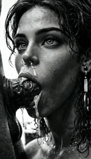 macro close-up, black and white, nude, cock buried to the base, shaft lodged in throat, deep neck bulge, throat stretched, lips sealed, cum pouring from nose and mouth, eyes rolled up, ruined facelighting, <lora:ral-chrosc-bw:1.2>, <lora:dark:.4>
