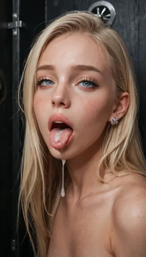 20 years old skinny whiteblonde girl, long hair, very sexy, very cute, in a sexclub gloryhole, face closuup, naked, very small round boobs, ahegao, looking at viewer, sperm dripping from mouth