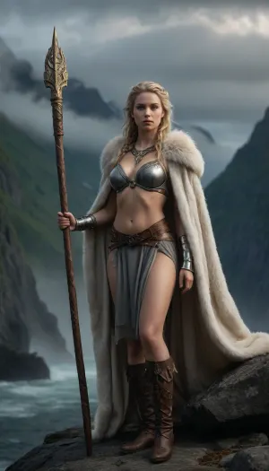 A powerful and ethereal Norse goddess stands on a rocky cliff overlooking a wild fjord, surrounded by swirling mist and the pale light of the northern sky. Her body is tall, graceful, and strong — a divine blend of femininity and might. She is entirely bare-chested, her full breasts exposed, glowing softly in the silver moonlight that pierces the clouds above. A long fur cloak hangs loosely from her shoulders, open at the front and draped behind her like the pelt of a sacred beast.

Her waist is wrapped in braided leather straps and ornate metal pieces resembling ancient runic armor. Her legs are wrapped in soft hides and fur-lined boots, and her arms bear golden cuffs inscribed with old Norse symbols of protection and power.

Her long hair — in shades of icy blonde, raven black, or fiery red — is partially braided with beads and feathers, cascading down her back and catching the breeze like a banner of war and seduction. Her eyes are piercing and cold, yet her expression is soft and sensual, with a hint of a knowing smile that promises danger and desire.

She holds a staff or battle spear in one hand, or perhaps a glowing orb of ancient power, while behind her looms the faint image of a massive, spectral wolf or raven – symbols of her divine essence. The atmosphere is cold but charged with magic and raw allure. She is untamed, eternal, and beautiful — a vision of erotic divinity from the northern myths.
