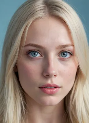 (masterpiece, best quality, photorealistic, ultra-detailed, highres, cool lighting), 1girl, 21 y.o., Swedish, pale skin, light blue eyes, long straight platinum blonde hair, delicate freckles on nose, soft jawline, gentle smile, close-up portrait, no tattoos, wearing sheer lip gloss, in a background with icy blue and white tones, <lora:add-detail-xl:1>