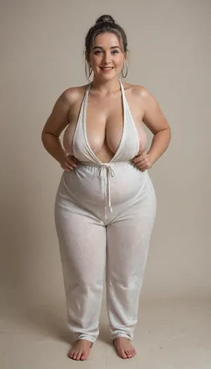50 year old mature MILF, (obese:1.2), (small, not tall), wide hips, black and gray hair, ponytail, chubby round face, strong nose, shy smile, unexpected camera, (capturing full body, surprised expression), hoop earrings, best quality, photorealism, masterpiece, blue eyes, just woke up, silk white pajama pants, tight sleeveless white silk pajama top revealing cleavage of large breasts and hard nipples, sagging breasts, large nipples, (Areola slip:1.3), FUPA, cameltoe