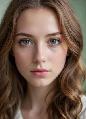 (masterpiece, best quality, photorealistic, ultra-detailed, highres, soft cinematic lighting), 1girl, 18 y.o., French, close-up face, centered in frame, looking directly forward, calm confident expression, long wavy chestnut hair with soft curls, emerald green eyes, fair skin with delicate freckles, high cheekbones, full lips with natural pink hue, symmetrical face, soft blurred neutral background, no tattoos, no makeup, <lora:add-detail-xl:2>